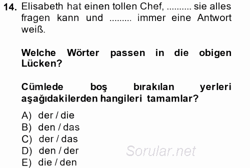 Almanca 2 2014 - 2015 Tek Ders Sınavı 14.Soru