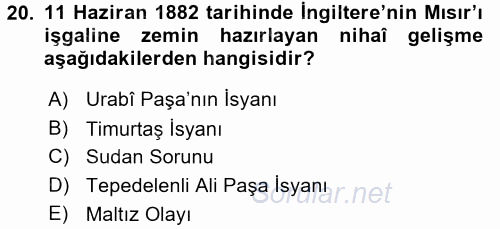 Osmanlı Tarihi (1876–1918) 2016 - 2017 Ara Sınavı 20.Soru