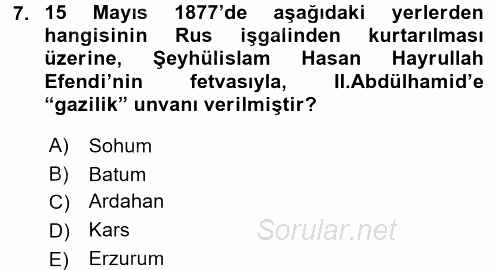 Osmanlı Tarihi (1876–1918) 2016 - 2017 Ara Sınavı 7.Soru