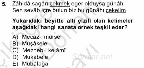 Eski Türk Edebiyatına Giriş: Söz Sanatları 2014 - 2015 Dönem Sonu Sınavı 5.Soru