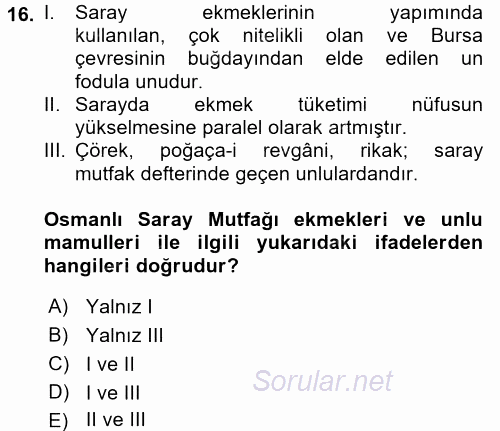 Türk Mutfak Kültürü 2017 - 2018 Ara Sınavı 16.Soru