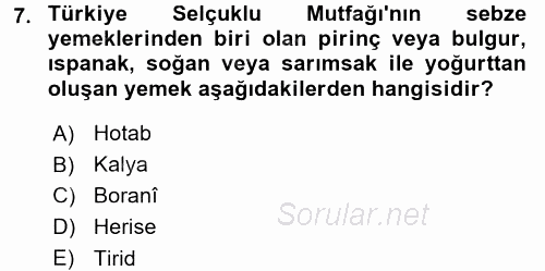 Türk Mutfak Kültürü 2017 - 2018 Ara Sınavı 7.Soru
