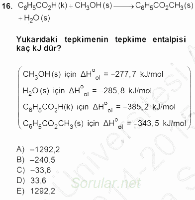 Genel Kimya 1 2014 - 2015 Ara Sınavı 16.Soru
