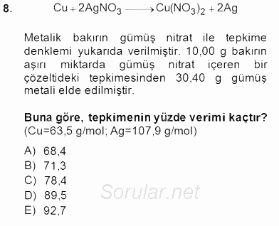 Genel Kimya 1 2014 - 2015 Ara Sınavı 8.Soru