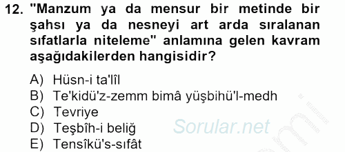 Eski Türk Edebiyatına Giriş: Söz Sanatları 2012 - 2013 Ara Sınavı 12.Soru