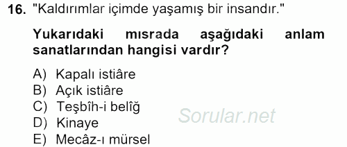 Eski Türk Edebiyatına Giriş: Söz Sanatları 2012 - 2013 Ara Sınavı 16.Soru