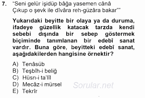 Eski Türk Edebiyatına Giriş: Söz Sanatları 2012 - 2013 Ara Sınavı 7.Soru