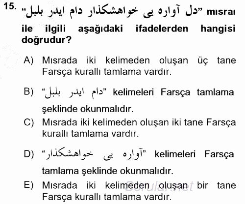 Osmanlı Türkçesi Grameri 2 2016 - 2017 Ara Sınavı 15.Soru