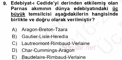 II. Abdülhamit Dönemi Türk Edebiyatı 2016 - 2017 3 Ders Sınavı 9.Soru