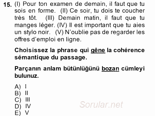Fransızca 2 2014 - 2015 Dönem Sonu Sınavı 15.Soru