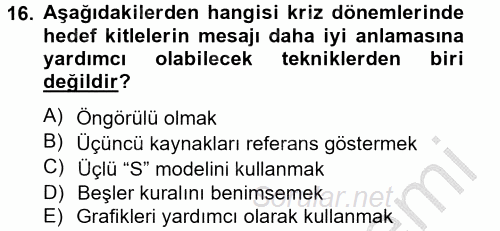 Halkla İlişkiler Yazarlığı 2014 - 2015 Dönem Sonu Sınavı 16.Soru