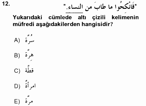 Arapça 4 2015 - 2016 Tek Ders Sınavı 12.Soru