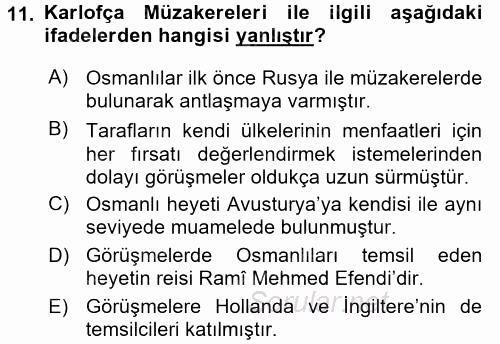 Osmanlı Tarihi (1566-1789) 2015 - 2016 Dönem Sonu Sınavı 11.Soru