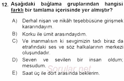 Türkçe Cümle Bilgisi 1 2015 - 2016 Dönem Sonu Sınavı 12.Soru