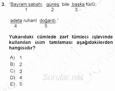 Türkçe Cümle Bilgisi 1 2015 - 2016 Dönem Sonu Sınavı 3.Soru