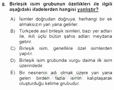 Türkçe Cümle Bilgisi 1 2015 - 2016 Dönem Sonu Sınavı 8.Soru