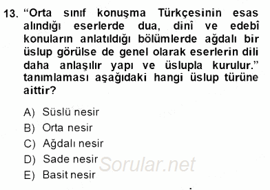 XVI-XIX. Yüzyıllar Türk Dili 2014 - 2015 Dönem Sonu Sınavı 13.Soru