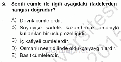 XVI-XIX. Yüzyıllar Türk Dili 2014 - 2015 Dönem Sonu Sınavı 9.Soru