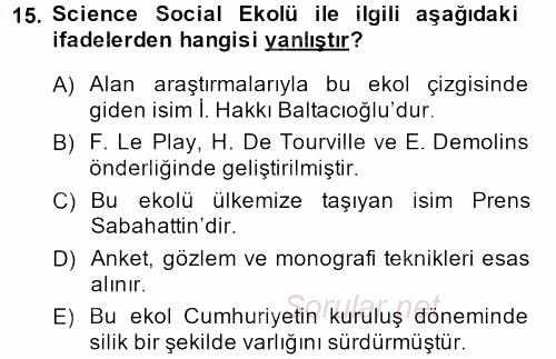 Türk Sosyologları 2014 - 2015 Ara Sınavı 15.Soru