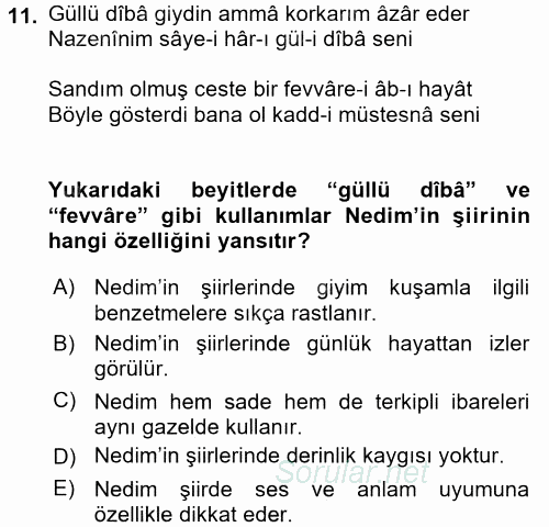 XVIII. Yüzyıl Türk Edebiyatı 2017 - 2018 Ara Sınavı 11.Soru