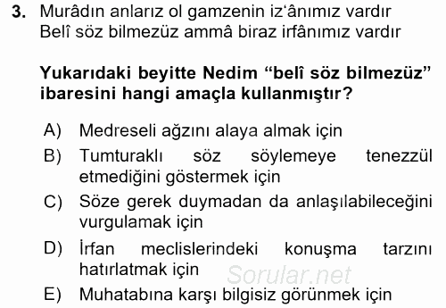 XVIII. Yüzyıl Türk Edebiyatı 2017 - 2018 Ara Sınavı 3.Soru