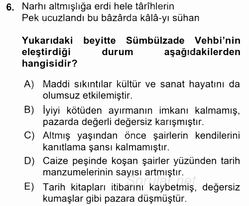 XVIII. Yüzyıl Türk Edebiyatı 2017 - 2018 Ara Sınavı 6.Soru