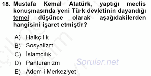 Atatürk İlkeleri Ve İnkılap Tarihi 1 2016 - 2017 3 Ders Sınavı 18.Soru