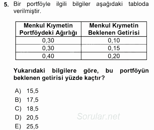 Portföy Yönetimi 2015 - 2016 Ara Sınavı 5.Soru