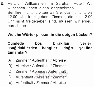 Turizm İçin Almanca 1 2015 - 2016 Ara Sınavı 6.Soru