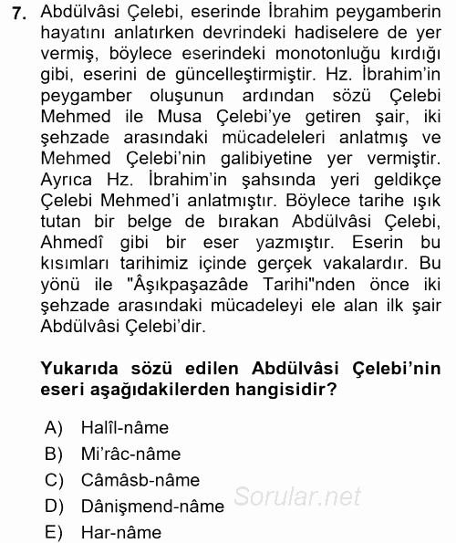 XIV-XV. Yüzyıllar Türk Edebiyatı 2017 - 2018 Dönem Sonu Sınavı 7.Soru