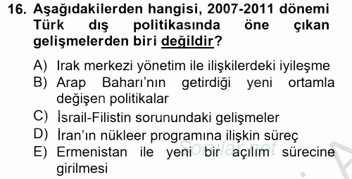 Türk Dış Politikası 2 2012 - 2013 Dönem Sonu Sınavı 16.Soru