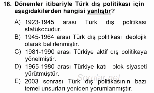 Türk Dış Politikası 2 2012 - 2013 Dönem Sonu Sınavı 18.Soru