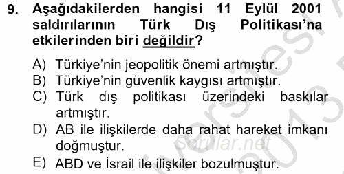 Türk Dış Politikası 2 2012 - 2013 Dönem Sonu Sınavı 9.Soru