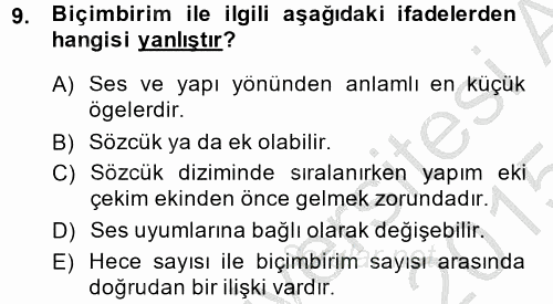 Türk Dili 1 2014 - 2015 Dönem Sonu Sınavı 9.Soru