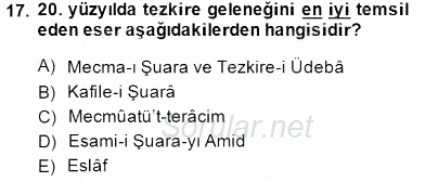Eski Türk Edebiyatının Kaynaklarından Şair Tezkireleri 2014 - 2015 Dönem Sonu Sınavı 17.Soru