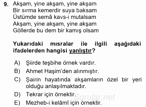 Eski Türk Edebiyatına Giriş: Söz Sanatları 2016 - 2017 Ara Sınavı 9.Soru