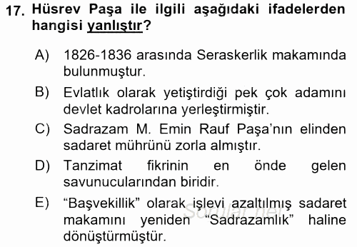 Osmanlı Tarihi (1789-1876) 2015 - 2016 Dönem Sonu Sınavı 17.Soru