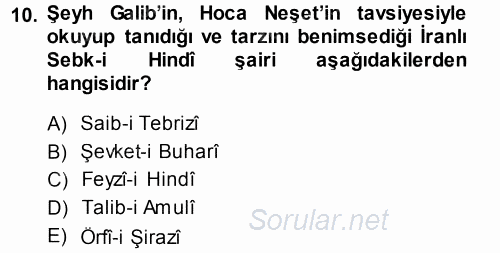 XVIII. Yüzyıl Türk Edebiyatı 2013 - 2014 Tek Ders Sınavı 10.Soru