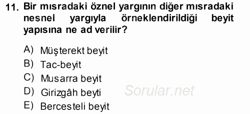 XVIII. Yüzyıl Türk Edebiyatı 2013 - 2014 Tek Ders Sınavı 11.Soru