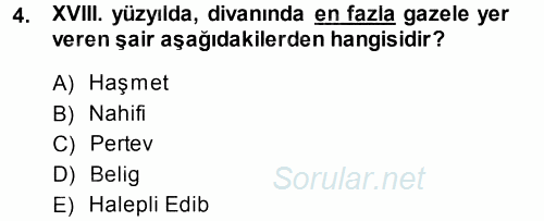 XVIII. Yüzyıl Türk Edebiyatı 2013 - 2014 Tek Ders Sınavı 4.Soru