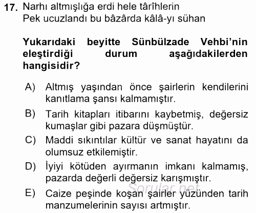 XVIII. Yüzyıl Türk Edebiyatı 2016 - 2017 Ara Sınavı 17.Soru