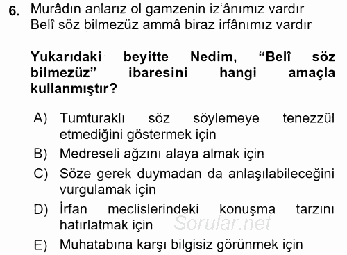 XVIII. Yüzyıl Türk Edebiyatı 2016 - 2017 Ara Sınavı 6.Soru