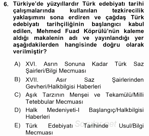 Halk Edebiyatına Giriş 1 2016 - 2017 Ara Sınavı 6.Soru