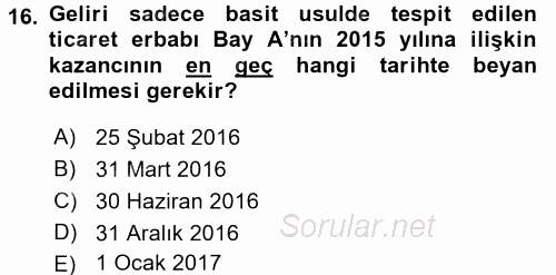 Türk Vergi Sistemi 2017 - 2018 Ara Sınavı 16.Soru