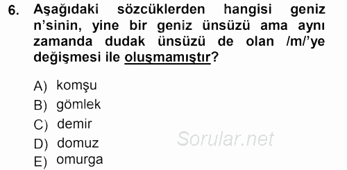 Türkçe Ses Bilgisi 2014 - 2015 Dönem Sonu Sınavı 6.Soru