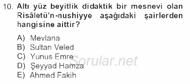 Türk İslam Edebiyatı 2012 - 2013 Tek Ders Sınavı 10.Soru