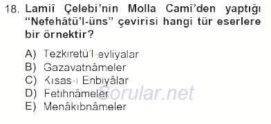 Türk İslam Edebiyatı 2012 - 2013 Tek Ders Sınavı 18.Soru