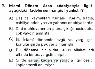 VIII-XIII. Yüzyıllar Türk Edebiyatı 2013 - 2014 Ara Sınavı 9.Soru