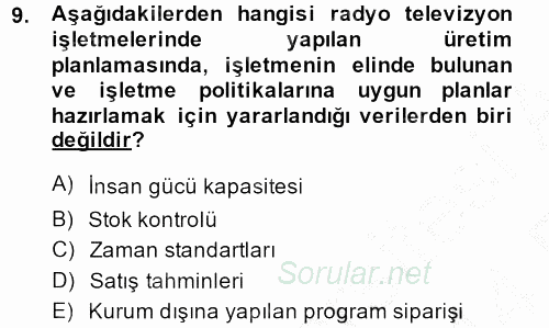 Radyo ve Televizyon İşletmeciliği 2013 - 2014 Ara Sınavı 9.Soru