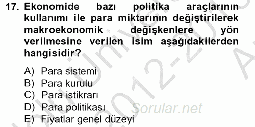 Para Politikası 2012 - 2013 Ara Sınavı 17.Soru